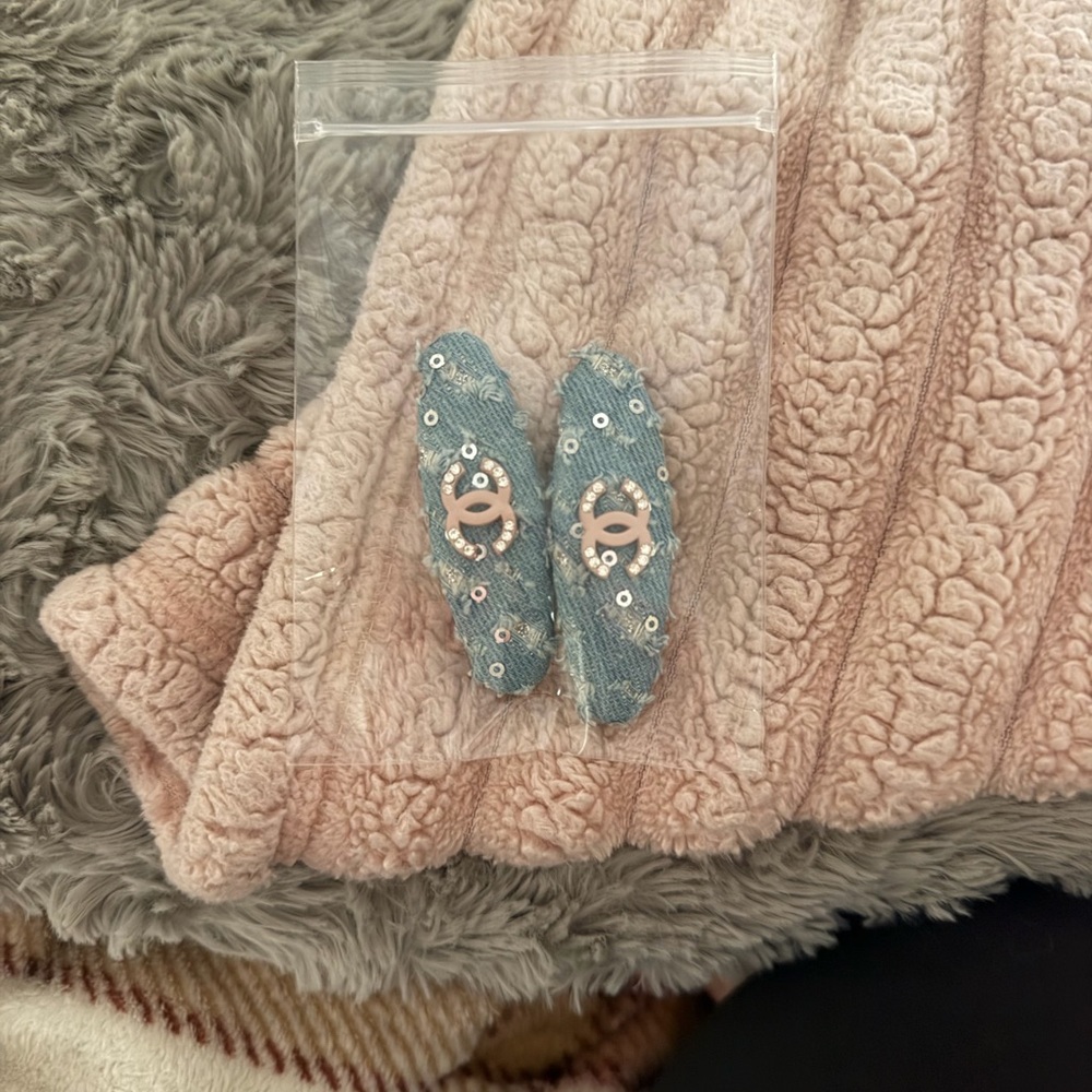 Denim Sequin Hair Clips with Pink Accent